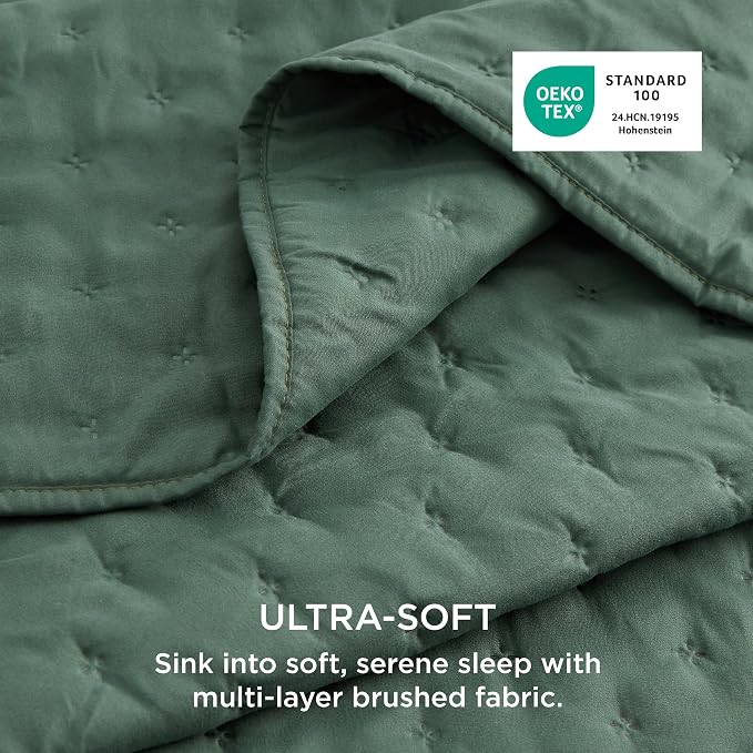 Bedsure King Size Quilt Bedspread, Thin Comforter, Dark Green Coverlet | - Image 3
