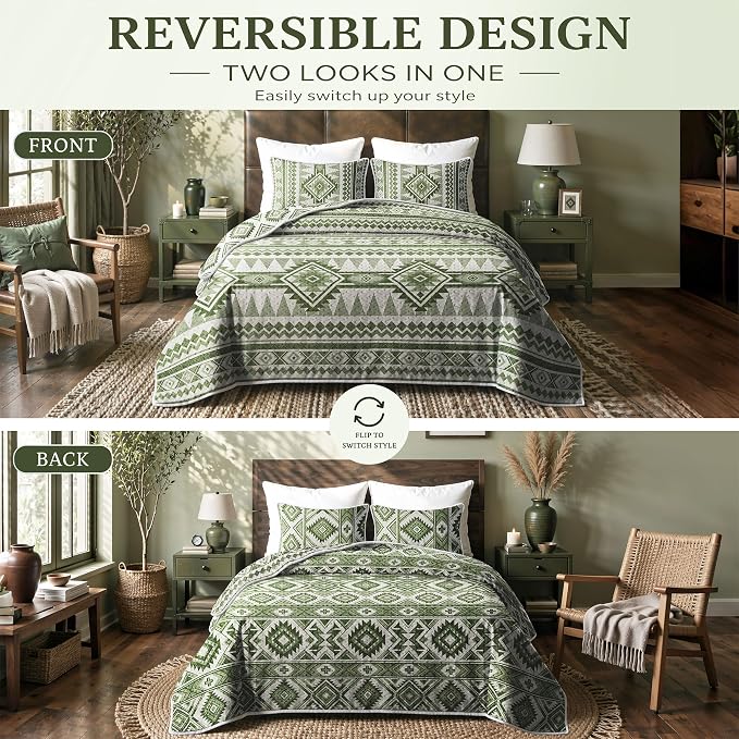 akkialla Reversible Green Boho Twin Quilt Set, 2-Piece Bohemian Aztec - Image 3