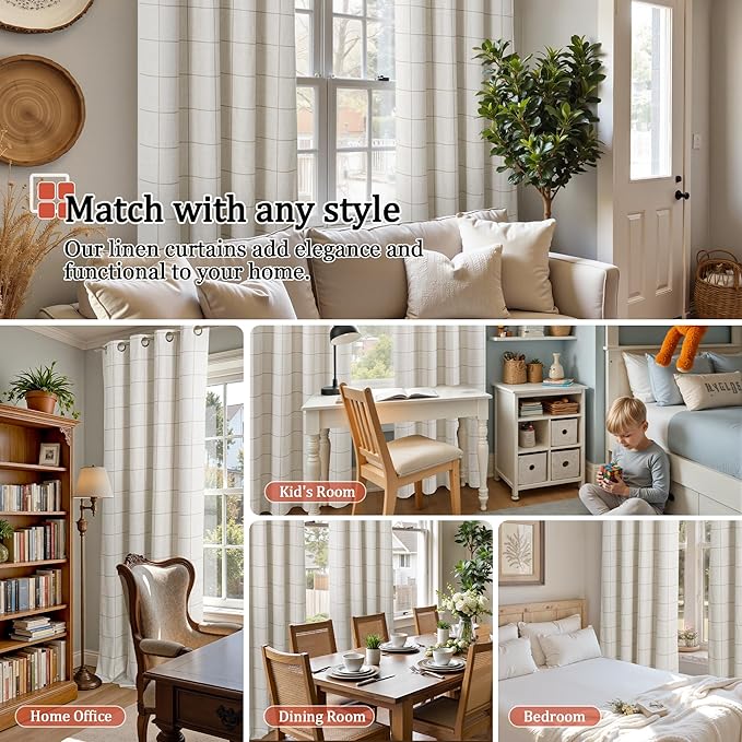 Plaid Curtains 90 Inches Long, 2 Panels Each 52 Wide, Natural | Linen Textured - Image 4