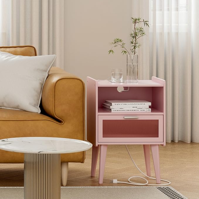 MMEOLUOOK Nightstand with Charging Station, Bedside Tables Pink End Table Side - Image 5
