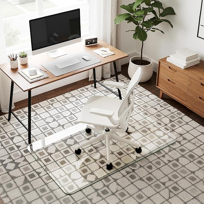 28"x48" Tempered Glass Office Chair Mat for Carpet & Hardwood Floor, 1/6" Thick Clear Floor Protector Desk Chair Mat with Rounded and Polished Edges