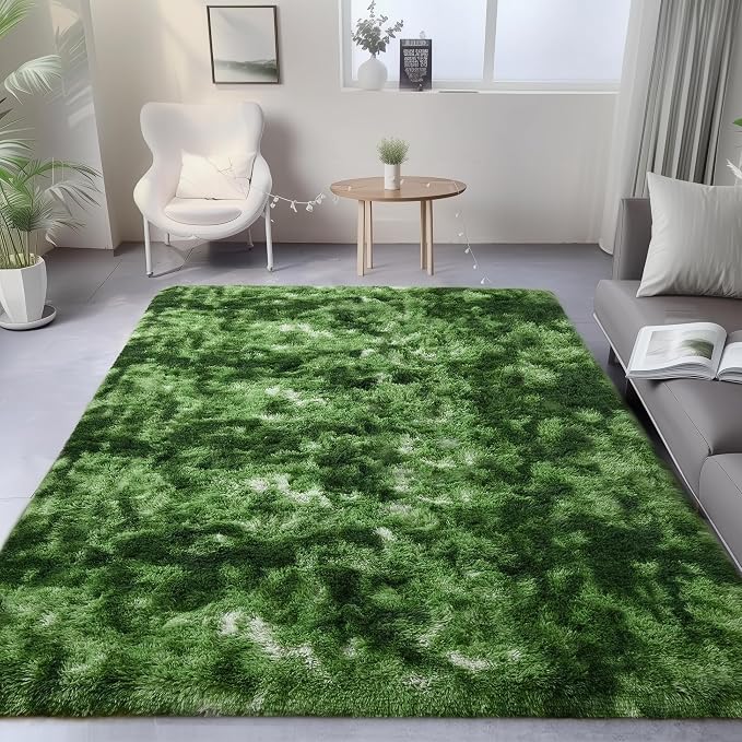 Fluffy Moss Green Rugs for Living Room 5x8, Modern Bedside Carpets, Plush by PAGISOFE
