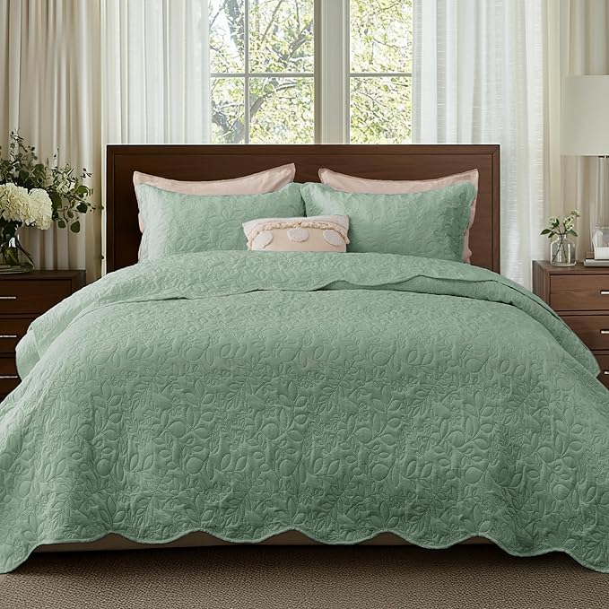 Bedsure King Size Quilt Bedspread, Thin Comforter, Sage Green Leaf Coverlet | by Unknown