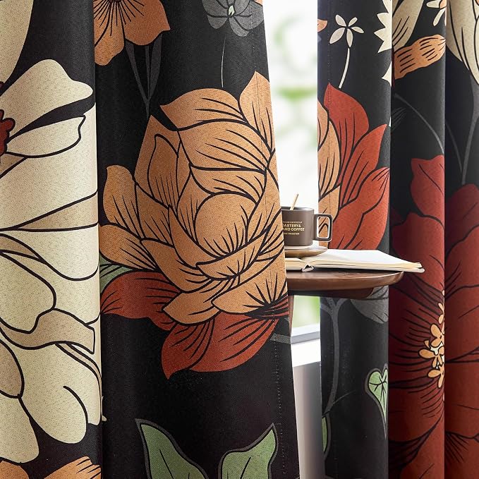 jinchan Black Boho Floral Blackout Curtains W100xL96 Grommet 1 Panel | Room - Image 9