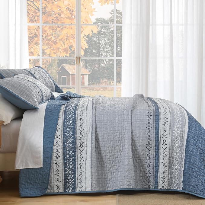 Cottolester Mineral Blue King Quilt Set, Boho Striped Bedspread Coverlet Set | - Image 5
