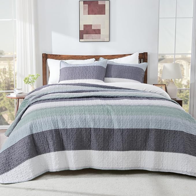 Queen Quilt Bedding Set Sage Green, 3 Pieces Striped Bedspreads | Patchwork - Image 8
