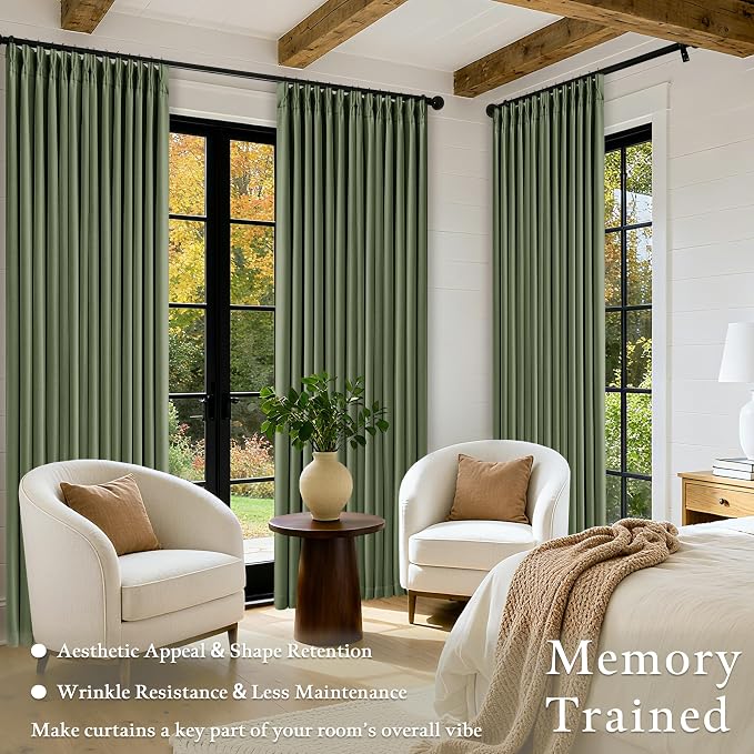 90 Inch Olive Green Linen Pinch Pleated Blackout Curtains - Image 4