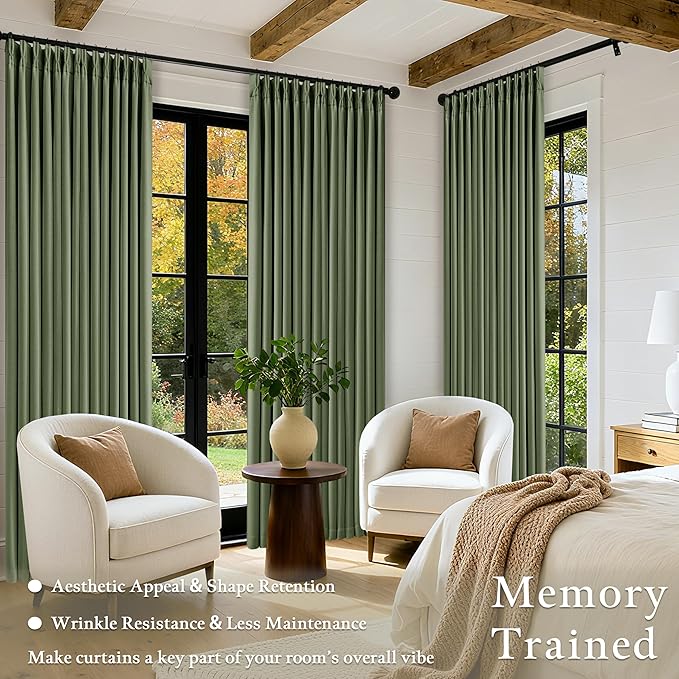 Thick Linen Olive Green Blackout Curtains 90 Inches Long for Living Room Bedroom 100% Black Out Pinch Pleated Drapes Double Layer Room Darkening Light Blocking Thermal Insulated 90 Inch Curtain Loden