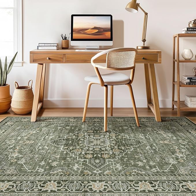 10x12 Area Rug Living Room: Washable Boho Large Neutral Vintage Soft Rugs Stain Resistant Farmhouse Non Slip Indoor Floor Carpet for Bedroom Nursery Kids Playroom Office Dining Room Home- Dark Green