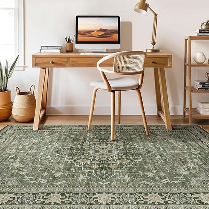 10x12 Area Rug Living Room: Washable Boho Large Neutral Vintage Soft Rugs Stain Resistant Farmhouse Non Slip Indoor Floor Carpet for Bedroom Nursery Kids Playroom Office Dining Room Home- Dark Green