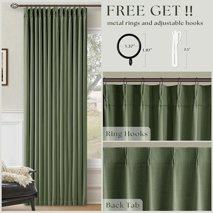 102 Inch Olive Green Linen Pinch Pleated Black Out Curtains - Image 5