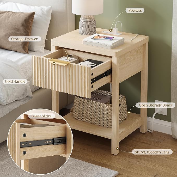 Night Stand Set 2, Fluted Wood Nightstands w/Charging Station - Image 3