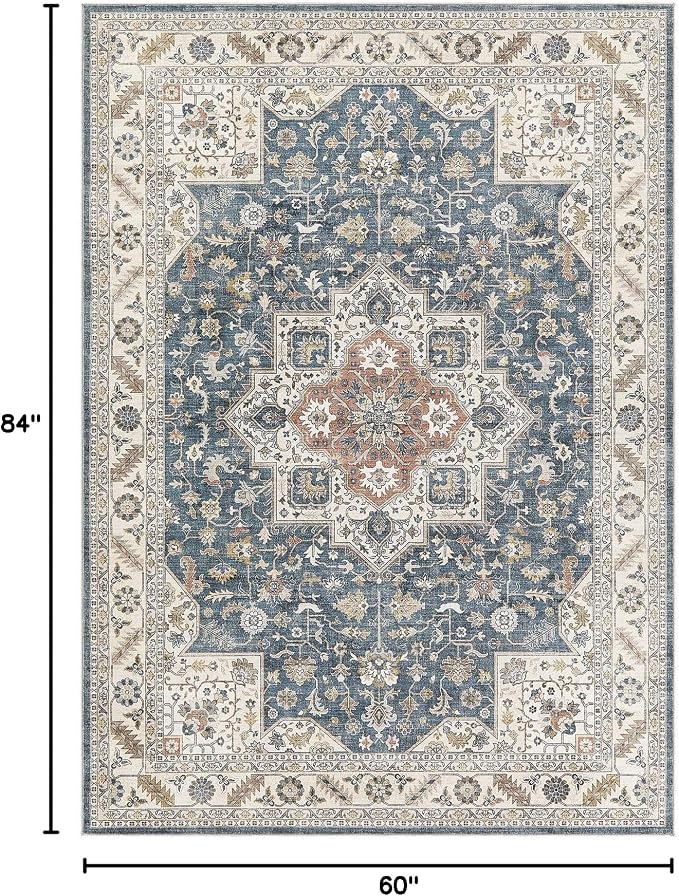 cotiled 5x7 Area Rug for Living Room, Traditional, Vintage Blue | Soft - Image 2