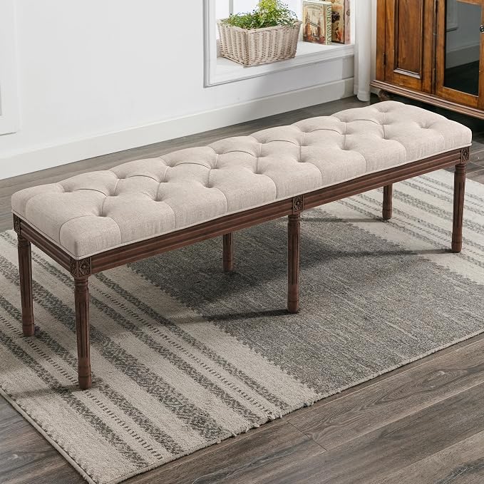LUE BONA 60" Fabric End of Bed Bench, Upholstered Tufted French Bedroom Bench - Image 2