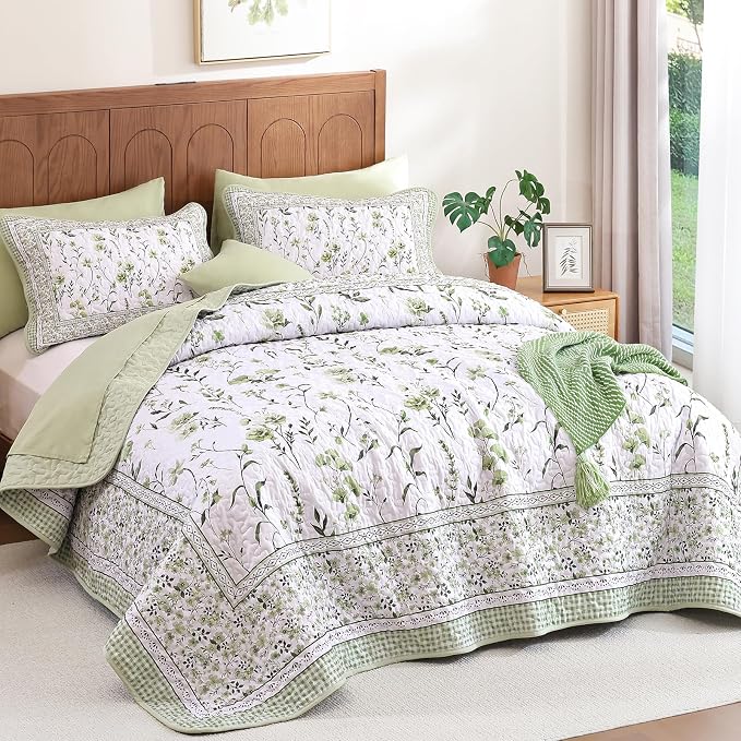 WONGS BEDDING Floral Quilt Set King, Sage Green Bedspread Coverlet Set 3 Pcs | - Image 2