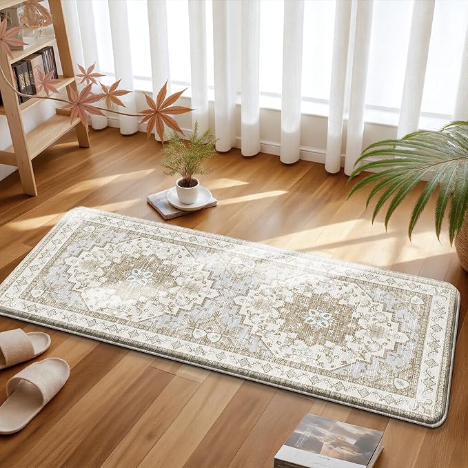 Boho Kitchen Mats for Floor 2 Piece Set Anti Fatigue Cushioned PVC Kitchen Rugs Non Slip Waterproof Farmhouse Mats 2/5 Inch Comfort Standing Mat for Sink, Laundry, 17.3"x59"+17.3"x28", Beige Tan