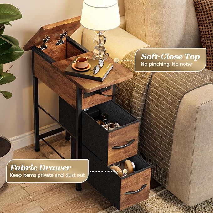 Huuger Narrow End Table with Charging Station, Side Table with 2 Drawers | Slim - Image 7