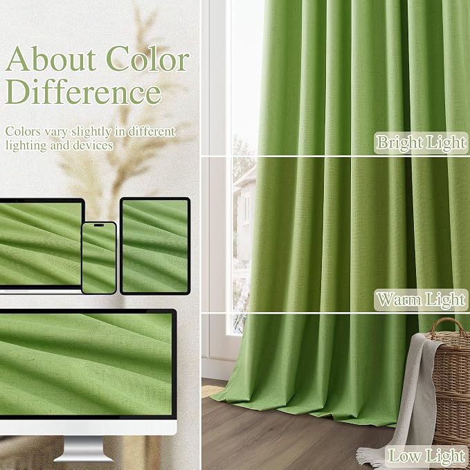 Lime Green 100% Blackout Linen Curtains 108 Inch Length 2 Panels Set - Image 7