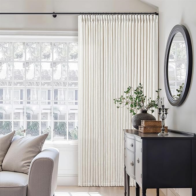 Extra Wide Linen Pinch Pleated Curtains 84 Inches Long 100 Inch Wide Patio Sliding Door Curtains Light Filtering Semi Sheer Pinch Pleat Drapes Cream Ivory Boho 100 x 84 Drapes for Living Dining Room