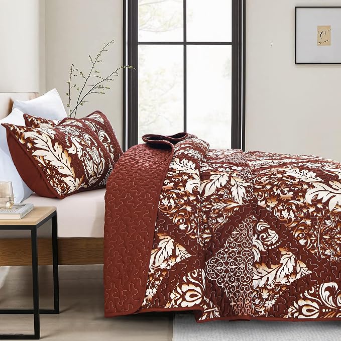 DJY Damask Queen Quilt Set, Boho Lightweight Bedding Set 3 Pcs, Burgundy | - Image 3