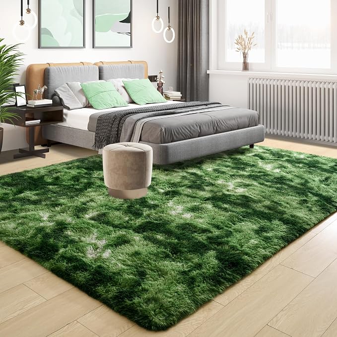 Fluffy Dark Green Rugs for Living Room Bedroom, 5x8 Soft Area Rug Tie-Dyed - Image 2