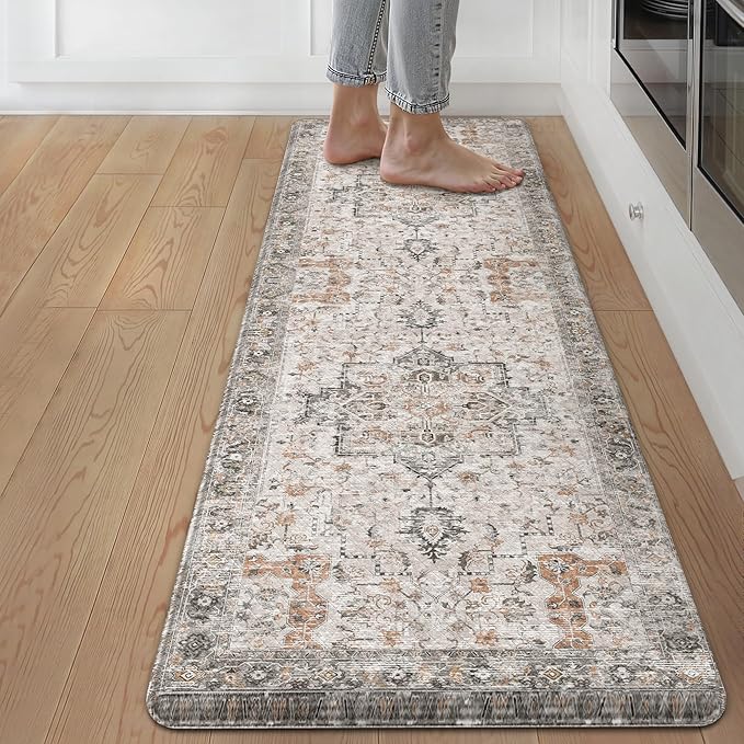 GENIMO 17.3"x59"-0.47 thick Kitchen Mats for Floor, Washable Anti Fatigue Mat for Cushioned, Ergonomic Comfort Foam kitchen Rugs, Non Slip Standing Mat for Home, Sink, Office, Laundry, LightTaupeBrown