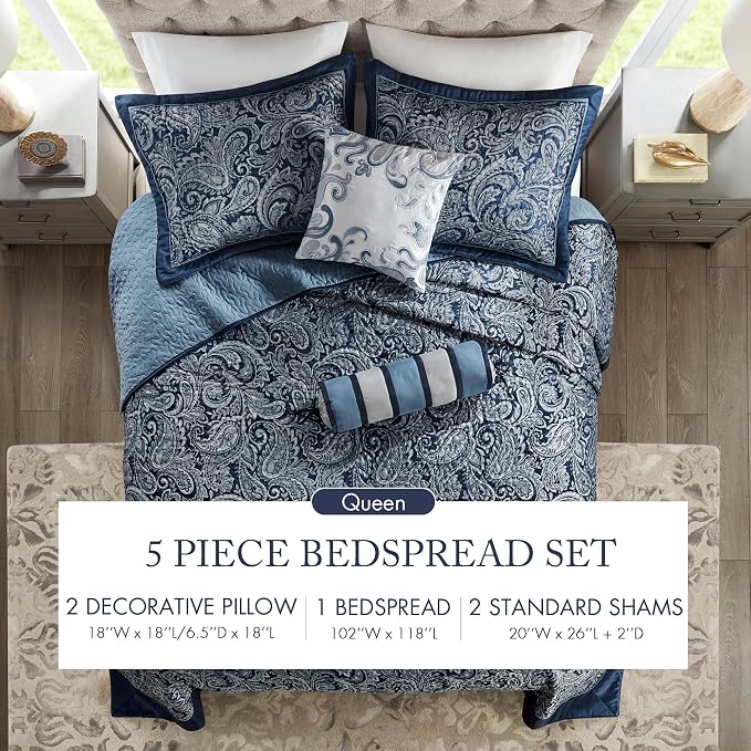 Madison Park Reversible Jacquard Quilted Queen Bedspread Set Navy, All-Season - Image 7