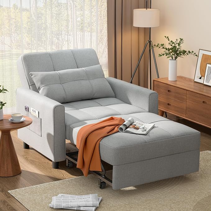 Aiho 34-Inch Sleeper Chair Bed, 3-in-1 Pull-Out Sofa Bed, Light Gray | by AIHO