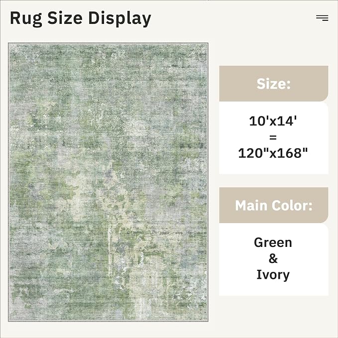 Soalmost 10x14 Area Rugs for Living Room Washable Rug Abstract Green/Ivory | - Image 5