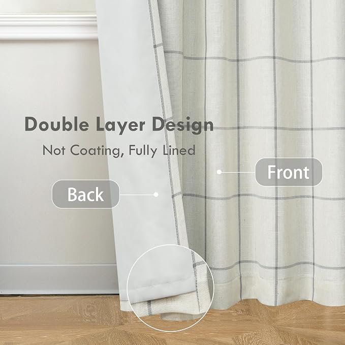 DriftAway 100% Blackout Plaid Linen Curtains 108 Inches Long 2 Panels Gray | - Image 3