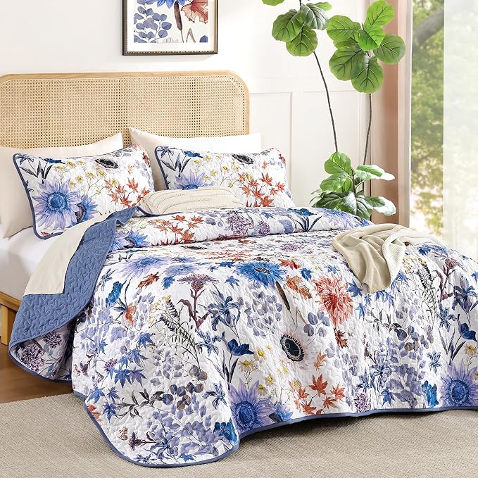 Yiran Blue Floral Quilts King Size, Sunflower Botanical Bedding Set | 3 Pieces - Image 2