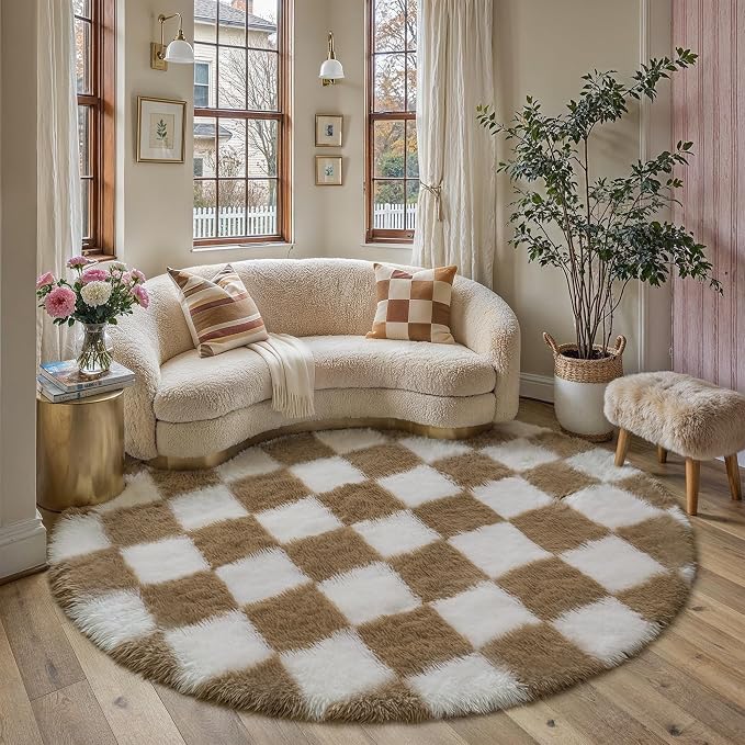 Brown Round Rug 5ft for Bedroom Soft Fluffy Checkered Shag Carpet | Machine - Image 3