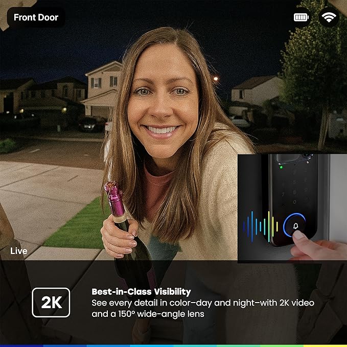 myQ Secure View™ 3-in-1 Smart Lock with 2K HDR Video Doorbell Camera, Face Access, Fingerprint Access, PIN & App Control — Intelligent Entry with Built-in Camera, Color Night Vision & Two-Way Audio