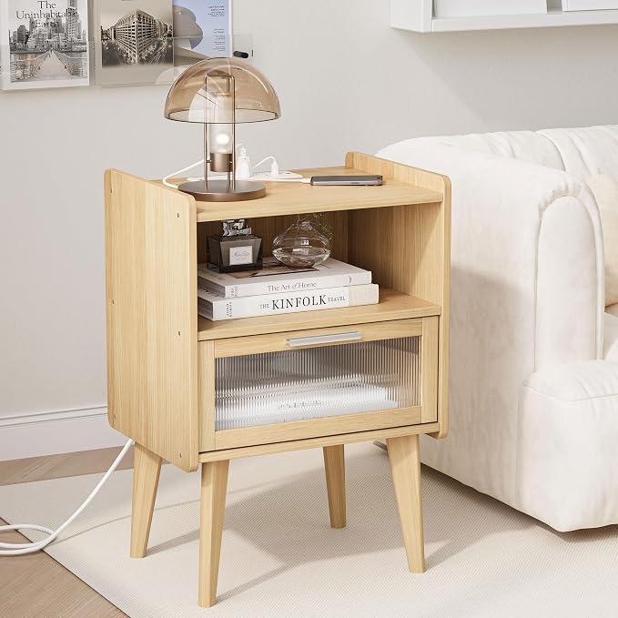 MMEOLUOOK Nightstand with Charging Station, Bedside Tables with Glass - Image 4