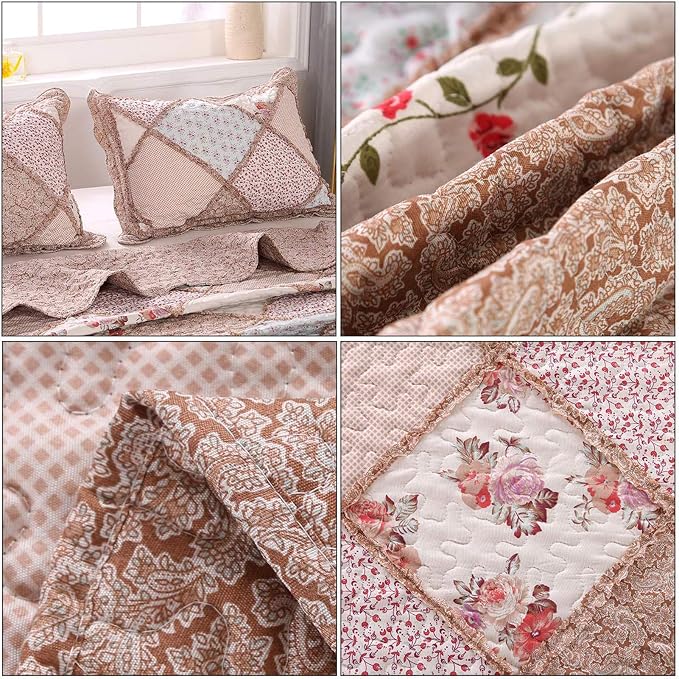 Full/Queen Size Quilt Set Pink Floral Patchwork Bedspreads Bedding Set | - Image 7