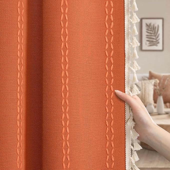 Burnt Orange 100% Boho Blackout Curtains 84 Inch 2 Panels | Vintage Farmhouse by Unknown