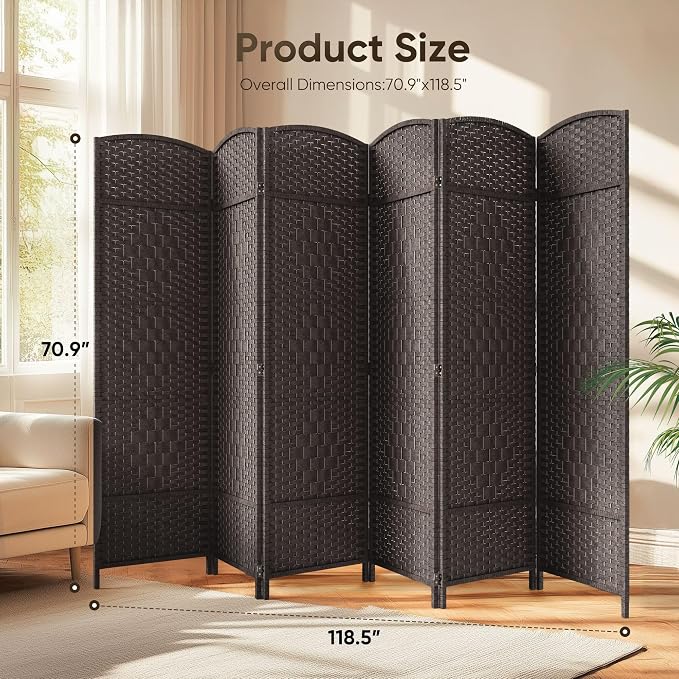 Rattan Room Divider, 6-Panel Folding Privacy Screen 6ft. Extra Wide | Double - Image 2