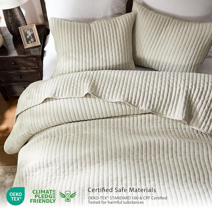 WDCOZY Beige Cross Stitch Twin Size Quilt Set, Netural Striped Lightweight Soft - Image 2