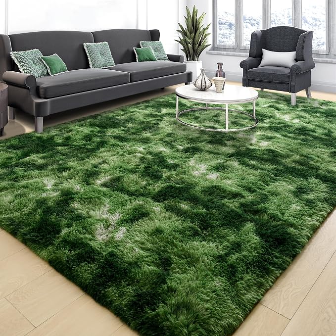Fluffy Dark Green Rugs for Living Room Bedroom, 5x8 Soft Area Rug Tie-Dyed by Tepook