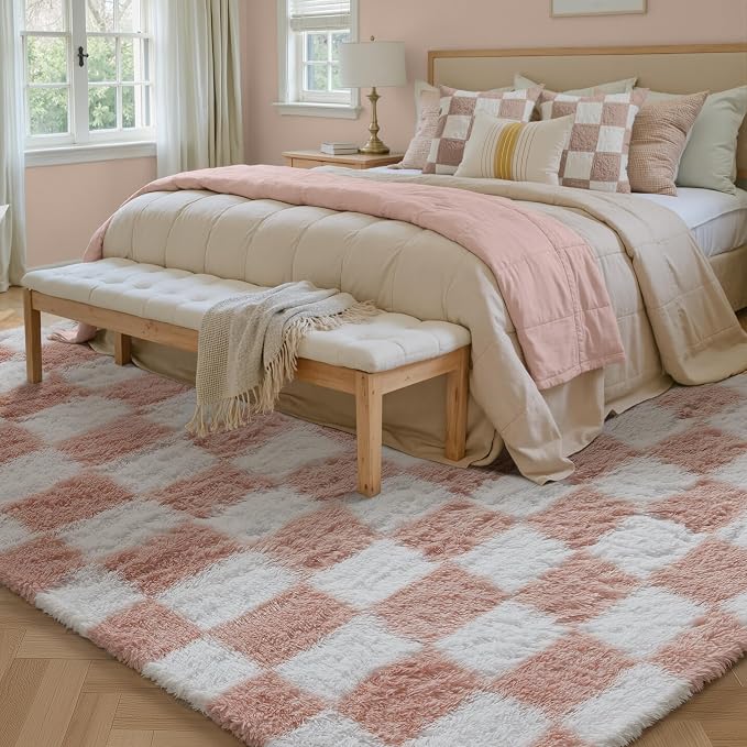Pink Area Rug 8x10 for Living Room Soft Checkered Shag Carpet | Machine Washable - Image 4