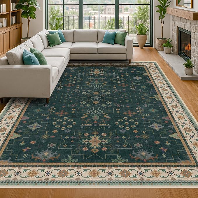Dark Green Vintage 8x10 Washable Rugs - Image 3