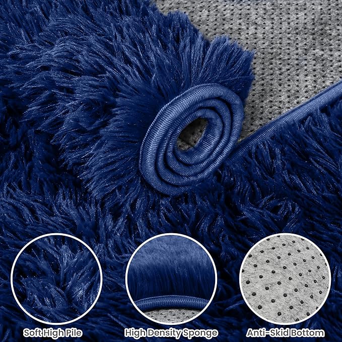 2x6 Bedside Area Rugs for Bedroom: Soft Fluffy Shag Blue Rug for Hallway, Non-Slip Fuzzy Plush Living Room Rug Indoor Floor Carpet for Kids Rooms, Dorm, Nursery, Modern Home Aesthetic Decor