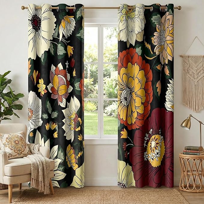 NICETOWN Black Boho Floral Curtains 100% Blackout by NICETOWN