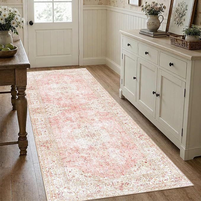Latte&Fog 2.6x8 Washable Hallway Runner Pink Rug - Image 3