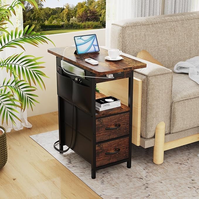 Yenlure Small Side Table with Charging Station, Narrow Nightstand Bedside - Image 7