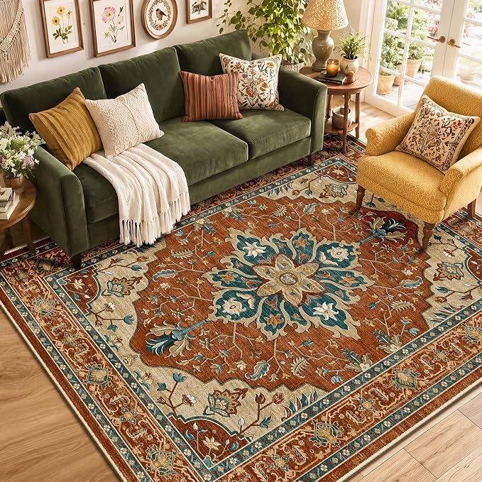 RELEANY Washable Area Rug, Water Repellent, Pet Friendly, Vintage Floral Boho - Image 2