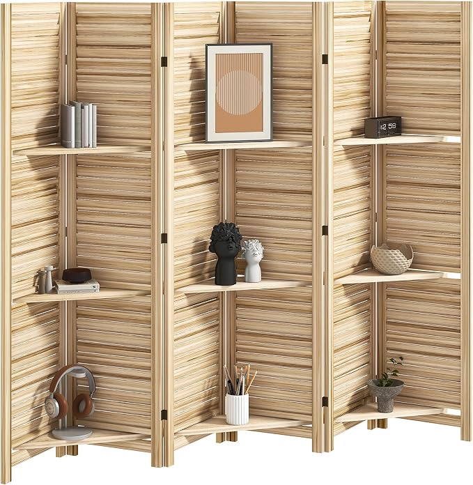 HOMCOM Room Divider with Shelves, 6 Panel, Natural Wood | Wood Privacy Screen by HOMCOM