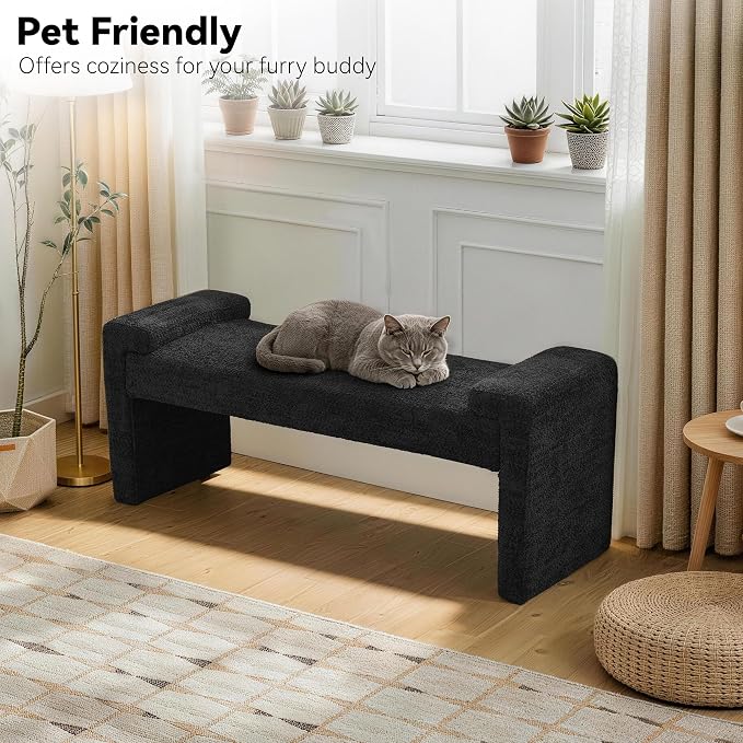 Upholstered Entryway Bench, Curved Armrests, Solid Wood Frame, End of Bed - Image 7