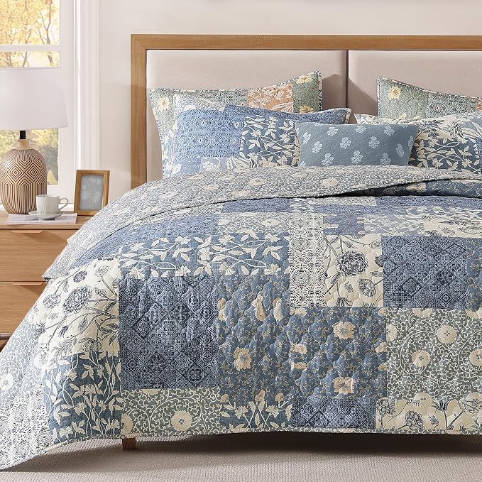 Oversized Queen Quilt Set-3 Pieces Soft Bedspread Floral Patchwork Quilt | by CASAAGUSTO