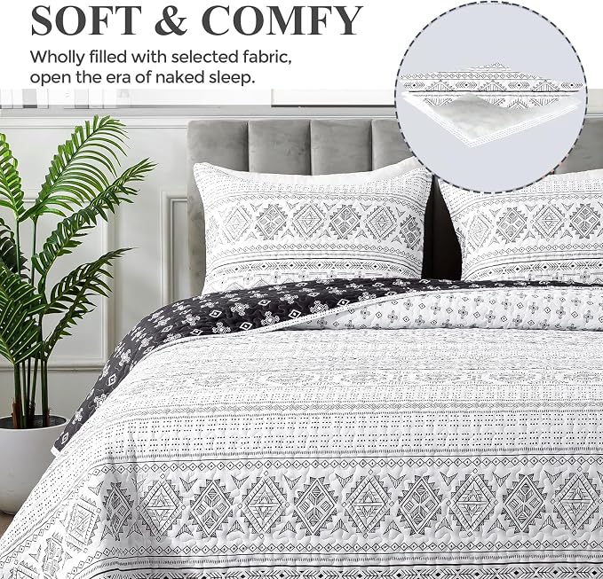 Black White King Size Quilt Set, 3 Pieces Boho Striped Bedspread | Soft - Image 3